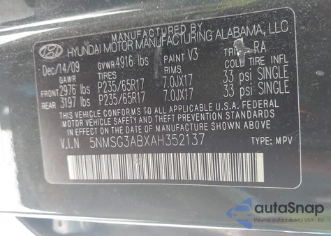 2010 Hyundai Santa Fe Gls from USA, damaged, VIN 5NMSG3ABXAH352137